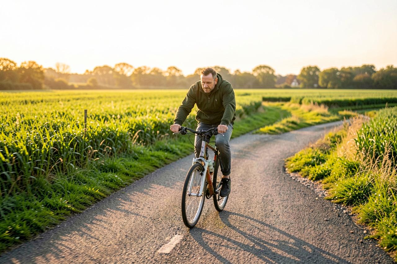 Mand cykler på en stille markvej i eftermiddagssol